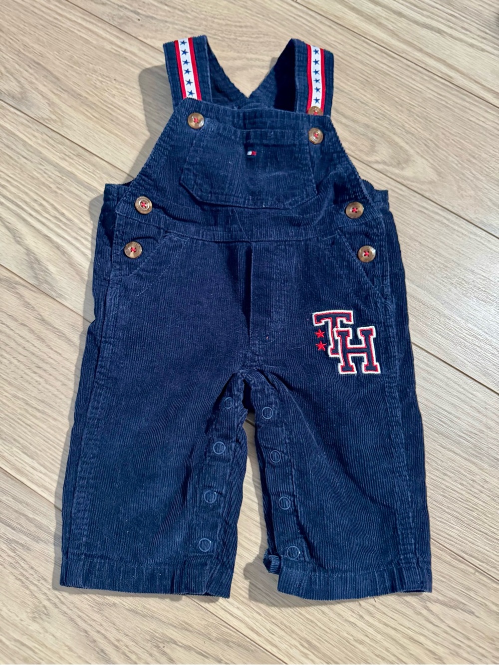 Tommy Hilfiger Navy Corduroy Overalls with Red & White Strap Detail